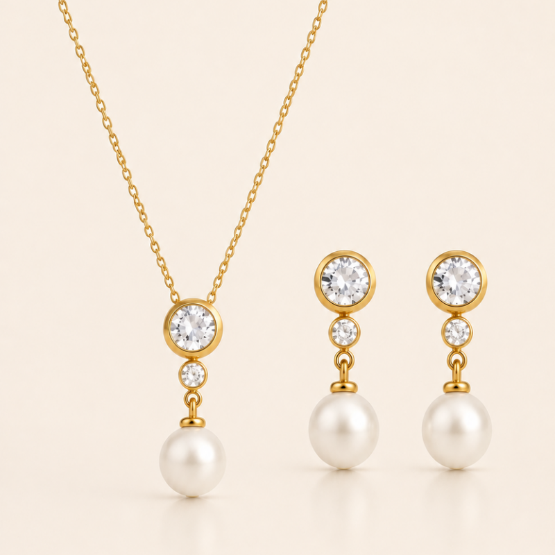 Luna Pearl Solitaire Necklace & Earring Set